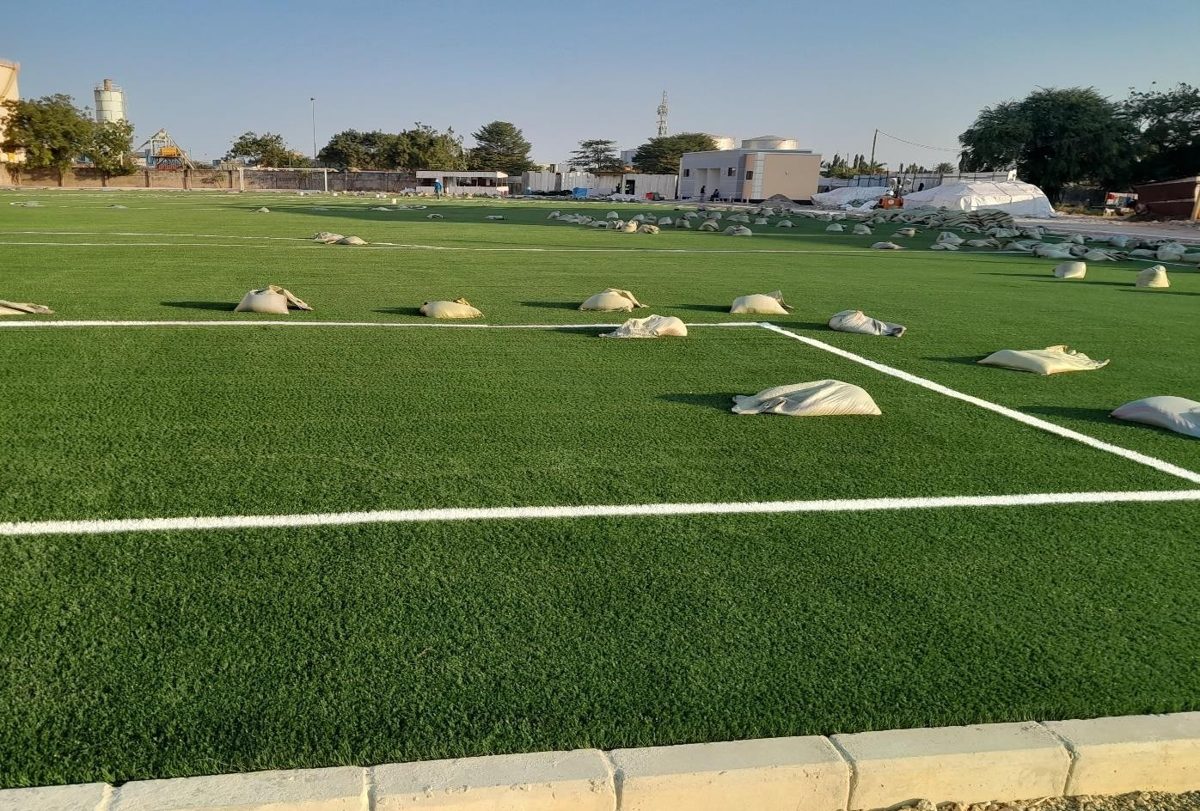 Finished artificial turf pitch with line markings